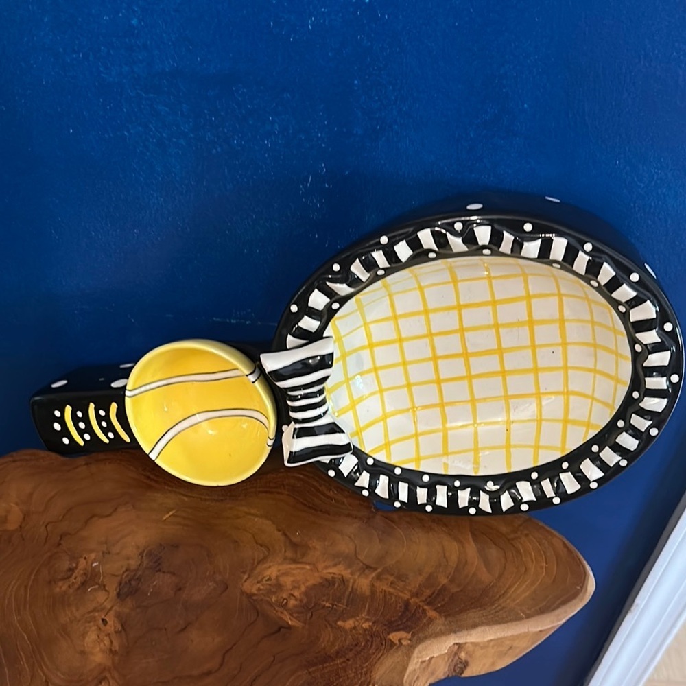 Ceramic Whimsical Yellow & Black Tennis Racket and Ball Chip & Dip Platter